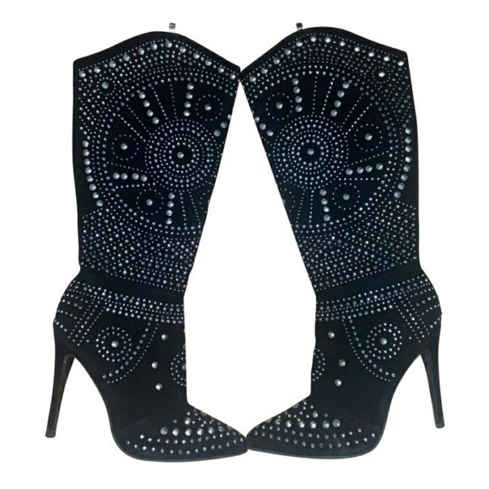 Black rhinestone suede boots